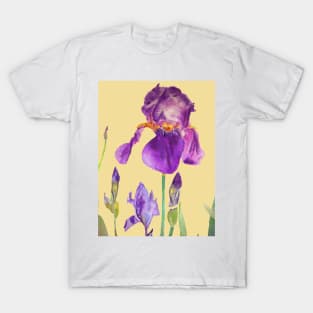 Iris Watercolor Painting - Elegant Purple on Lemon Yellowa T-Shirt